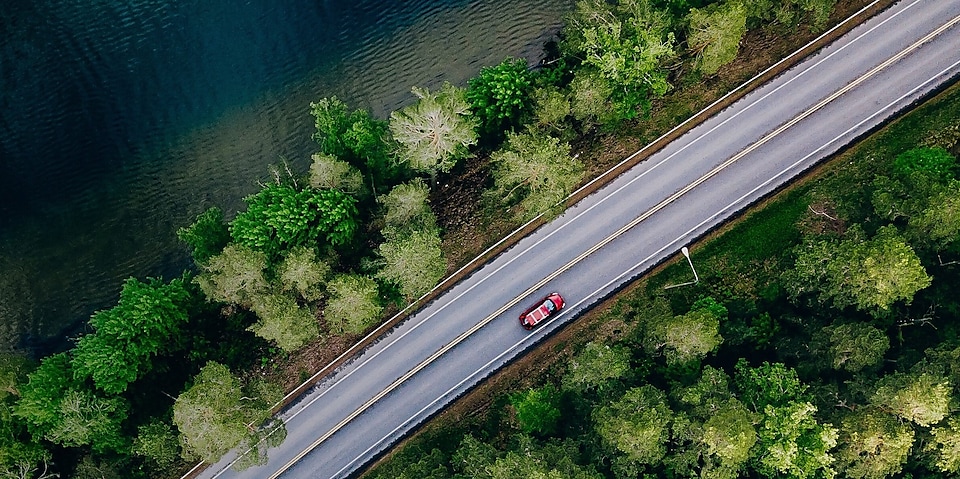 Overhead shot of a car on a road