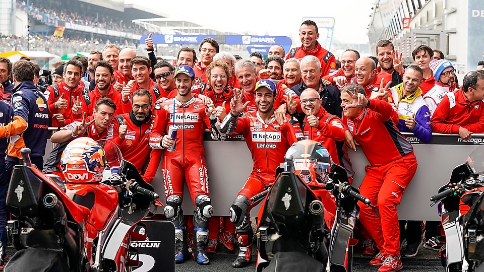 The Ducati MotoGP family celebrates the team's double podium in France